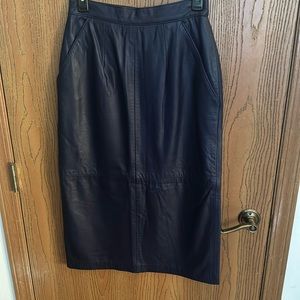 Navy Lamb Skin Leather Midi  Skirt